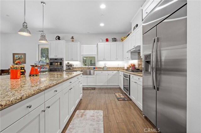 kitchen with wood finished floors, stainless steel appliances, under cabinet range hood, white cabinetry, and a sink