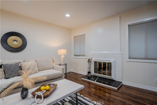 living room with dark hardwood / wood-style floors