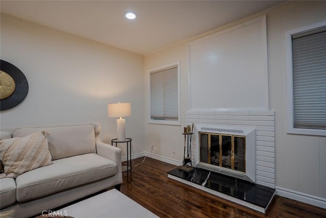 living room with dark hardwood / wood-style floors