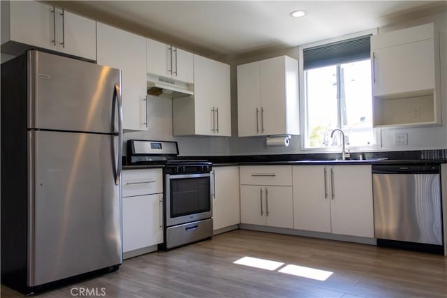 kitchen with dark countertops, appliances with stainless steel finishes, a sink, light wood-type flooring, and under cabinet range hood