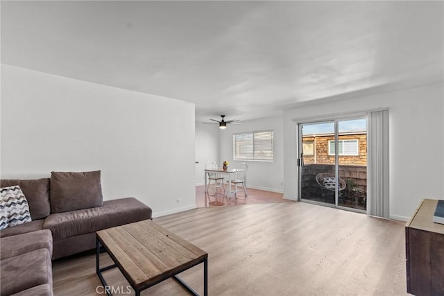 living room with ceiling fan and hardwood / wood-style floors