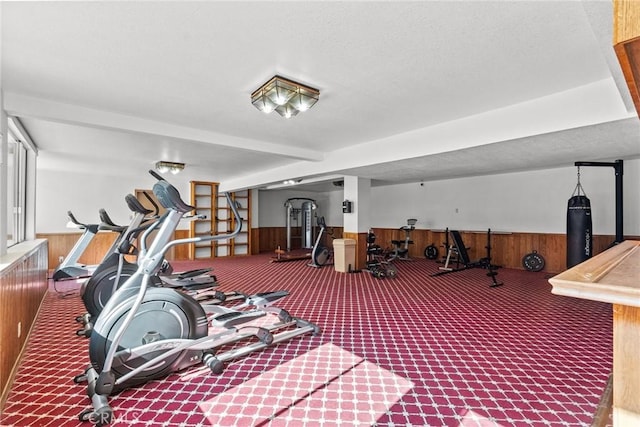 gym featuring wooden walls and carpet