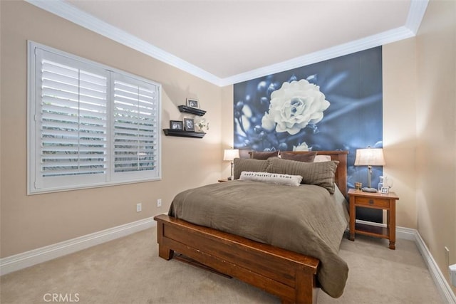 bedroom featuring crown molding and light carpet