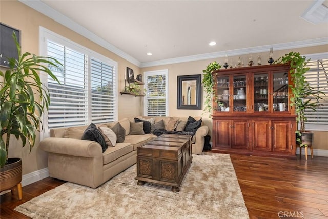 living room with ornamental molding and dark hardwood / wood-style flooring