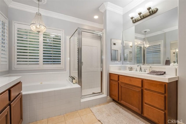 bathroom with vanity, crown molding, and plus walk in shower