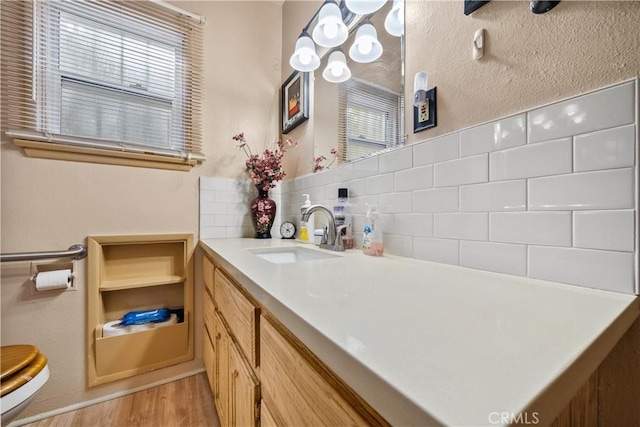 bathroom featuring decorative backsplash, plenty of natural light, wood-type flooring, and vanity