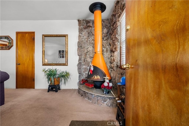 room details with carpet flooring and a wood stove