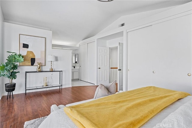 bedroom with multiple closets, lofted ceiling, and wood-type flooring