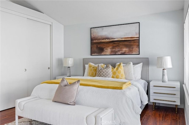 bedroom featuring dark hardwood / wood-style flooring, vaulted ceiling, and a closet