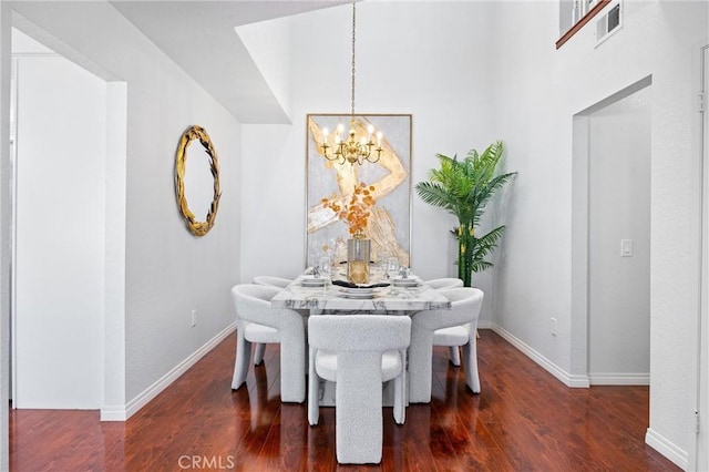 dining room with dark wood-type flooring and a chandelier