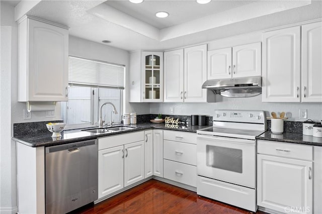 kitchen featuring white range with electric stovetop, sink, white cabinets, dark hardwood / wood-style flooring, and stainless steel dishwasher