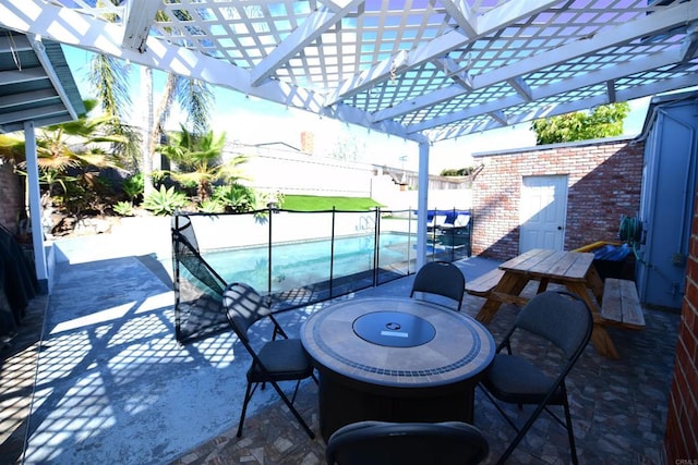 9452 Larrabee Ave, San Diego, CA 92123 - view of patio with a pergola, fence, a fenced in pool, and outdoor dining space