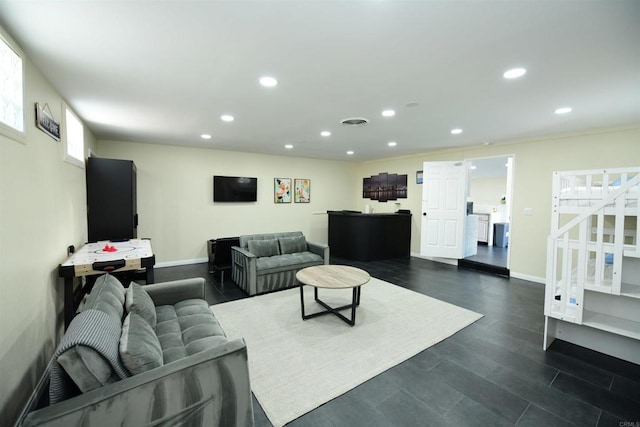 9452 Larrabee Ave, San Diego, CA 92123 - living area featuring stairs, baseboards, and recessed lighting