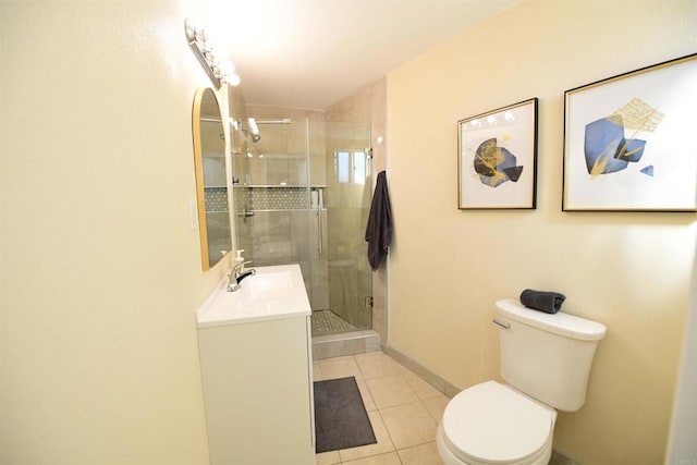 9452 Larrabee Ave, San Diego, CA 92123 - bathroom featuring toilet, vanity, tile patterned floors, a shower stall, and baseboards