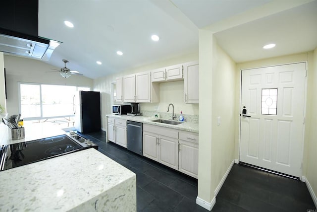 9452 Larrabee Ave, San Diego, CA 92123 - kitchen featuring a sink, stainless steel appliances, ceiling fan, white cabinetry, and baseboards