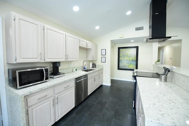 9452 Larrabee Ave, San Diego, CA 92123 - kitchen with a sink, lofted ceiling, stainless steel appliances, island range hood, and white cabinetry