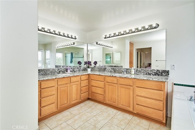 bathroom featuring vanity, tile patterned flooring, and a bathtub