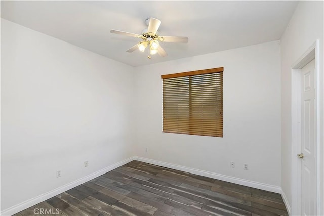 unfurnished bedroom featuring ceiling fan and dark hardwood / wood-style flooring