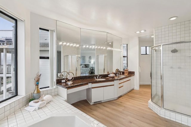 bathroom featuring wood-type flooring, independent shower and bath, and vanity