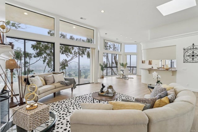 living room with a towering ceiling, light hardwood / wood-style flooring, and a skylight