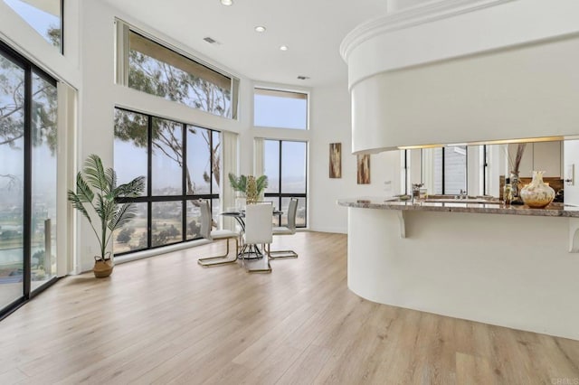 interior space with a towering ceiling and light wood-type flooring