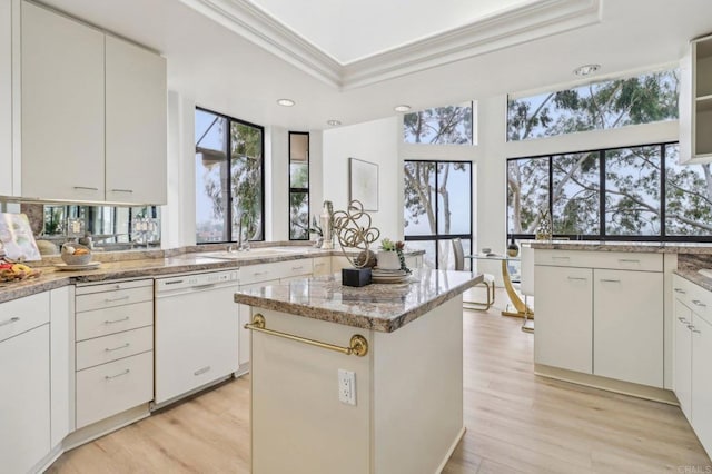 kitchen featuring a raised ceiling, sink, white cabinets, and white dishwasher