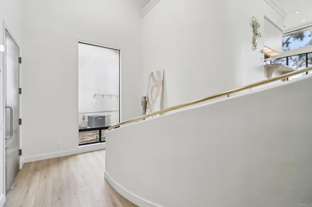 hall with crown molding and light hardwood / wood-style flooring