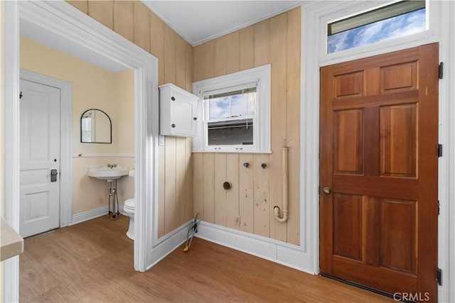 clothes washing area with wooden walls, a wealth of natural light, and light hardwood / wood-style floors