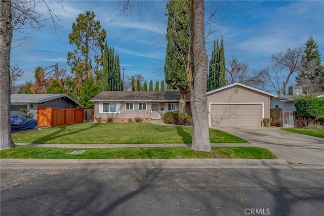 single story home with a garage and a front lawn