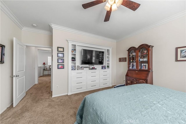 bedroom featuring light carpet, ornamental molding, and ceiling fan