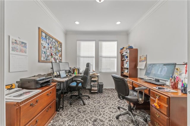 carpeted office featuring ornamental molding