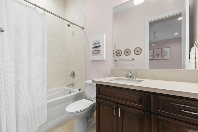 full bathroom with tile patterned flooring, vanity, shower / bathtub combination with curtain, and toilet