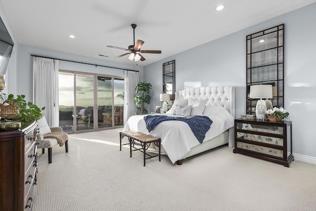 bedroom with carpet flooring, access to exterior, and ceiling fan