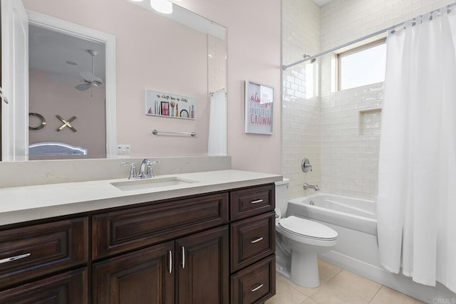 full bathroom featuring shower / tub combo with curtain, vanity, toilet, and tile patterned flooring