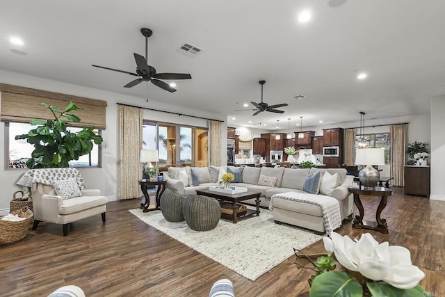 living room with ceiling fan and dark hardwood / wood-style flooring