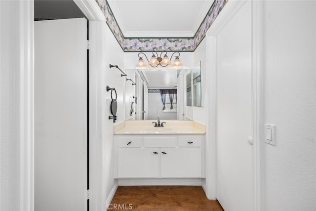 bathroom with wood finished floors, crown molding, and vanity