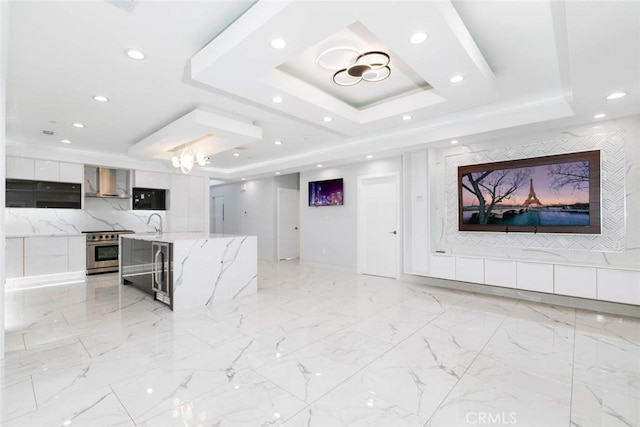 7631 Columbia St, Rosemead, CA 91770 - unfurnished living room with a raised ceiling, recessed lighting, beverage cooler, and light marble finish flooring
