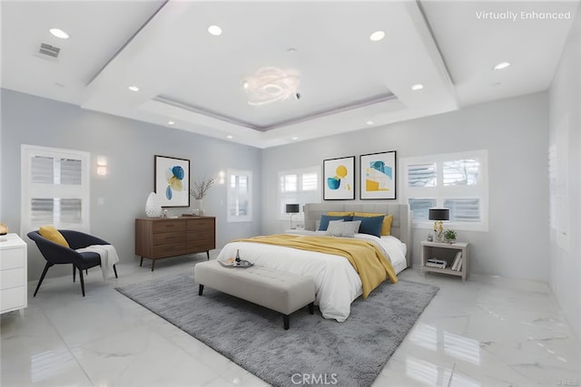 7631 Columbia St, Rosemead, CA 91770 - bedroom with light marble finish flooring, multiple windows, a raised ceiling, and recessed lighting