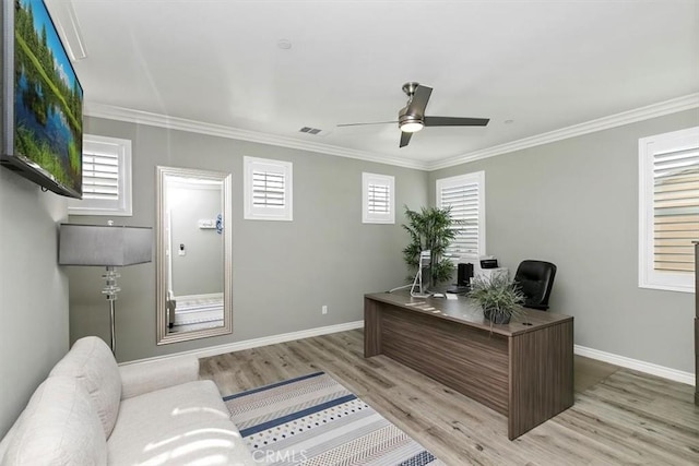 office area with ceiling fan, ornamental molding, and light hardwood / wood-style floors