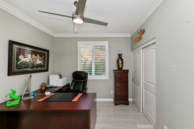 office featuring crown molding, ceiling fan, and light wood-type flooring