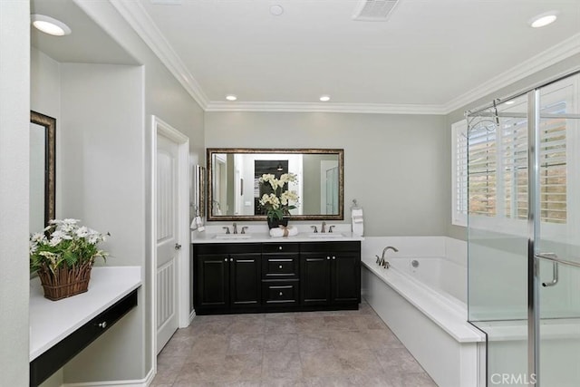 bathroom with shower with separate bathtub, vanity, and crown molding