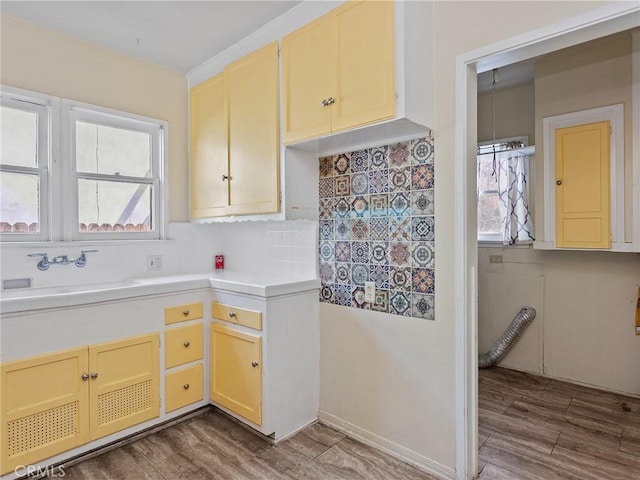 kitchen featuring tasteful backsplash, plenty of natural light, dark wood-type flooring, and sink