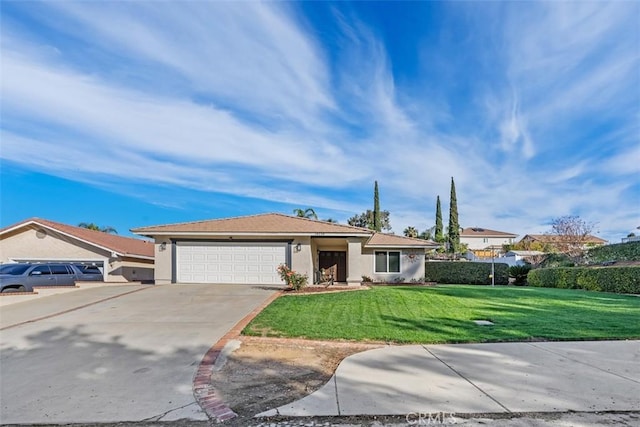 single story home featuring a garage and a front lawn