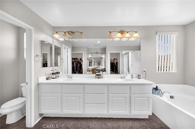 bathroom featuring a garden tub, double vanity, toilet, a stall shower, and a sink