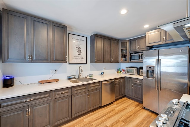 kitchen featuring dark brown cabinetry, light wood-type flooring, appliances with stainless steel finishes, and sink