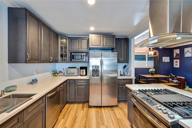 kitchen featuring dark brown cabinetry, light hardwood / wood-style floors, appliances with stainless steel finishes, and island range hood