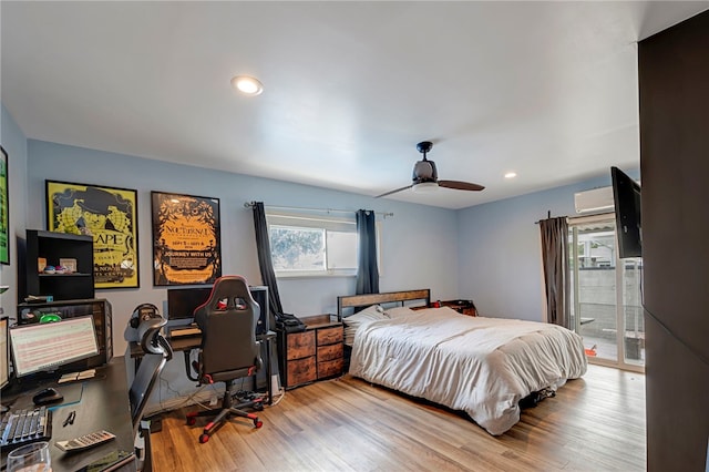 bedroom with light wood-type flooring and ceiling fan