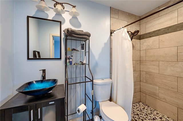 bathroom featuring vanity, curtained shower, and toilet