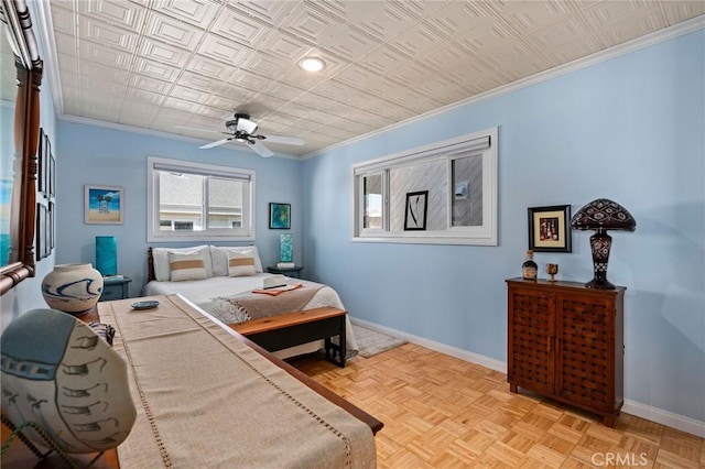 bedroom with crown molding, ceiling fan, and light parquet flooring