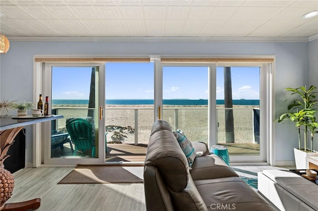 living area featuring crown molding, view of water and beach, plenty of natural light, and wood finished floors